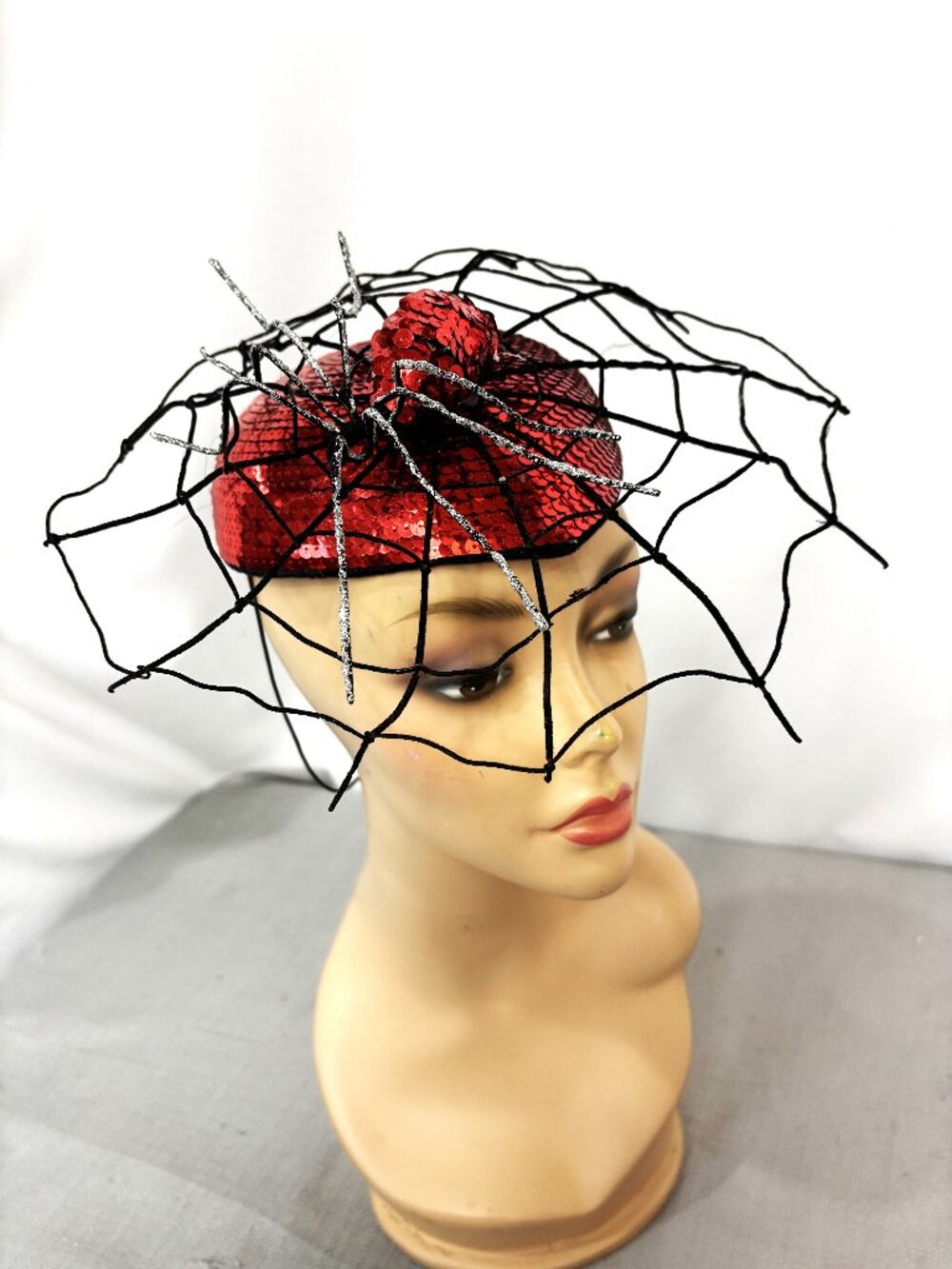 VTG Dept 56 Red Sequin Spider & Web Fascinator Hat